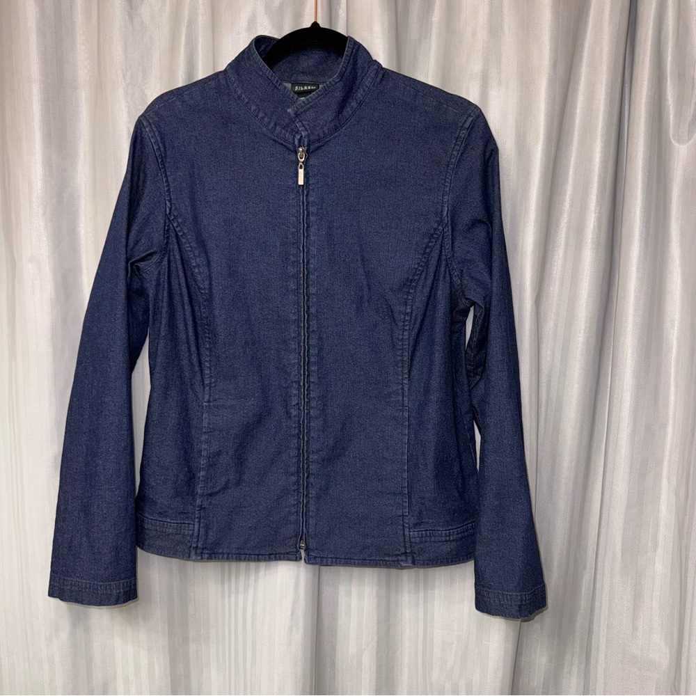 Eileen Fisher Dark Blue zipper Jean Jacket with pockets size Medium